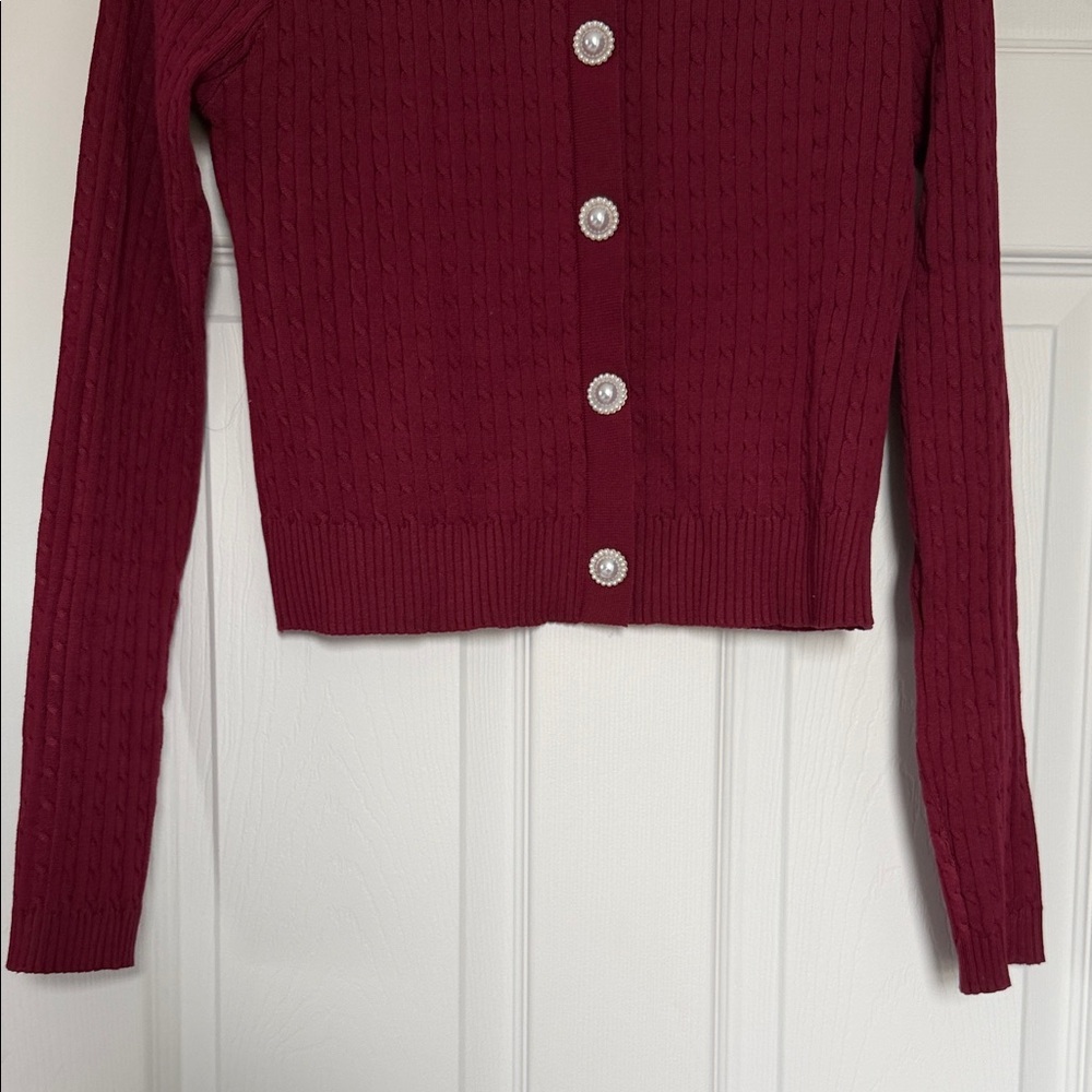 Burgundy Cardigan sweater with Cream Collar size L - Picture 4 of 8